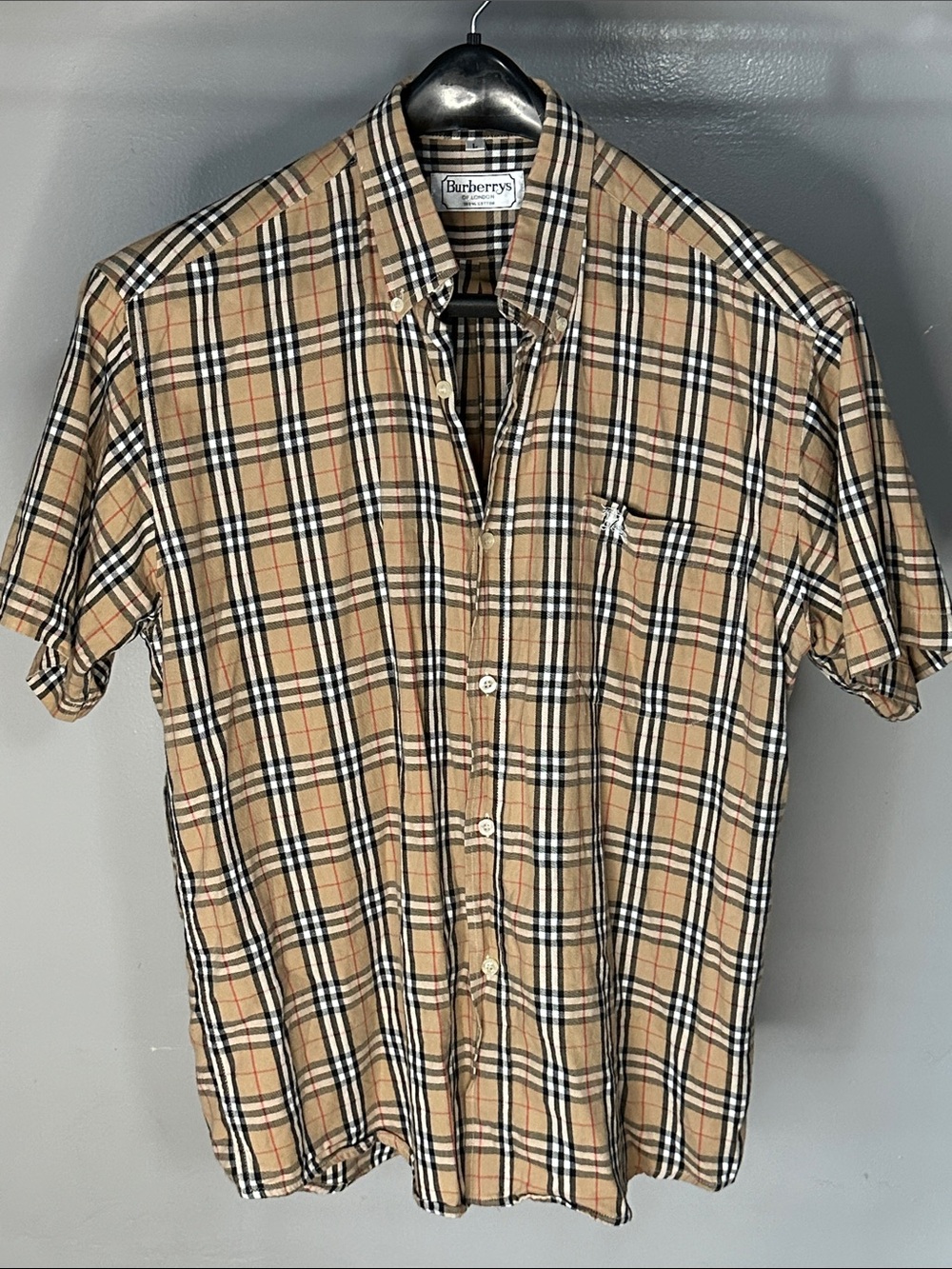 Burberry Beige Black White Plaid Short-Sleeve Button-Down Shirt